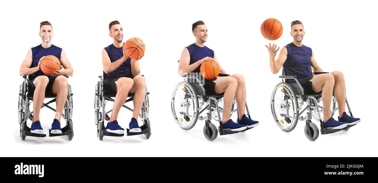 Set of young basketball player in wheelchair on white background Stock Photo