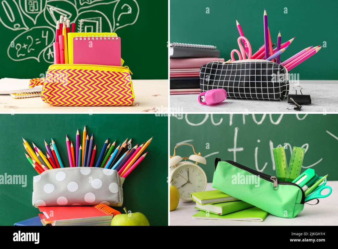 Collage with school pencil cases in classroom Stock Photo Alamy