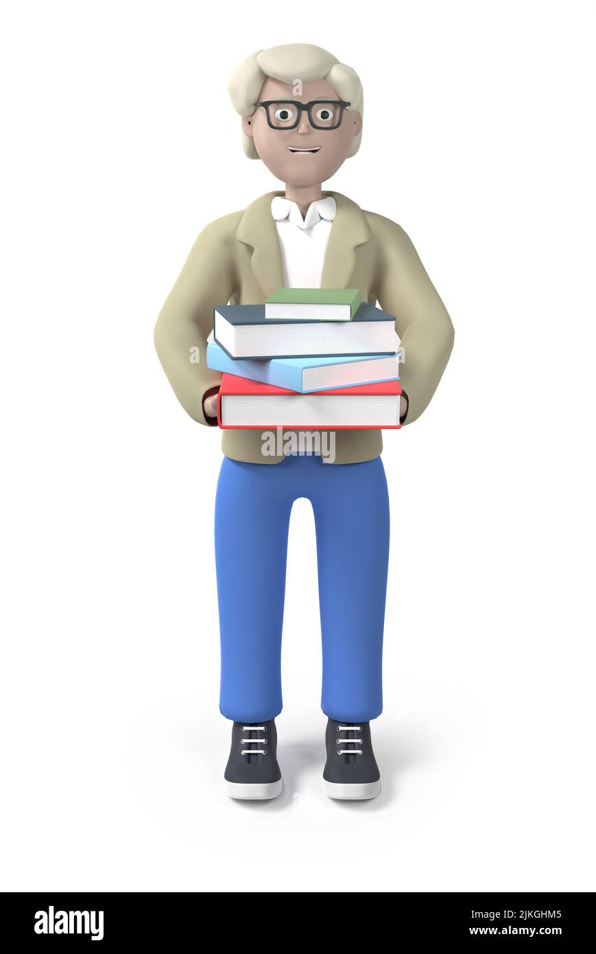 Librarian wearing glasses holding a stack of books - isolated 3d illustration Stock Photo