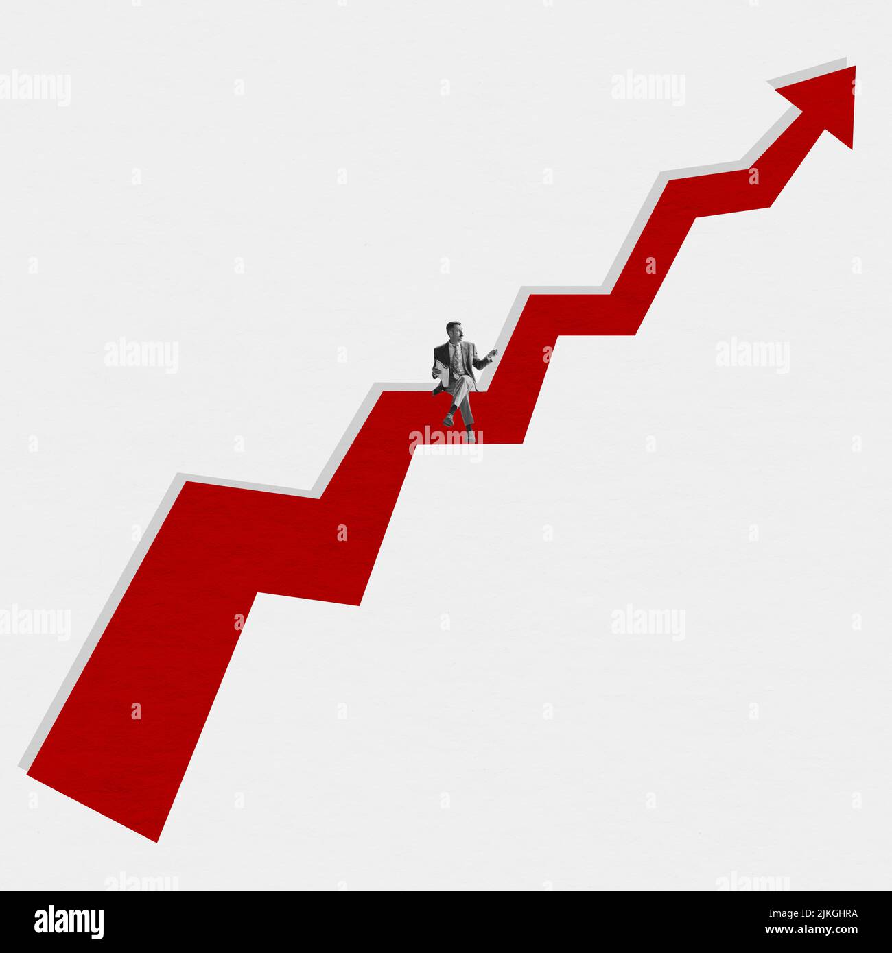 Contemporary art collage with man sitting on edge of big red arrow ...