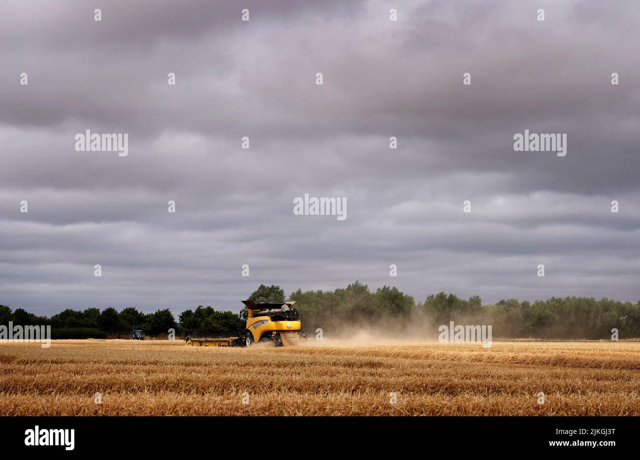 A combine harvester at work in a field near Brenzett in Kent, as the dry weather continues. Picture date: Tuesday August 2, 2022. Stock Photo