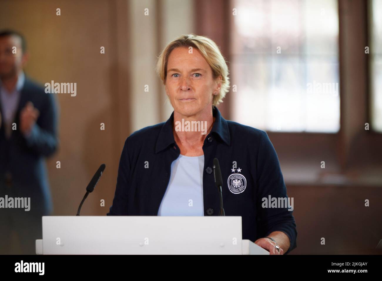 GERMANY, FRANKFURT - AUGUST 1, 2022: Germany's head coach Martina Voss-Tecklenburg. the German national women's football team after they placed second Stock Photo