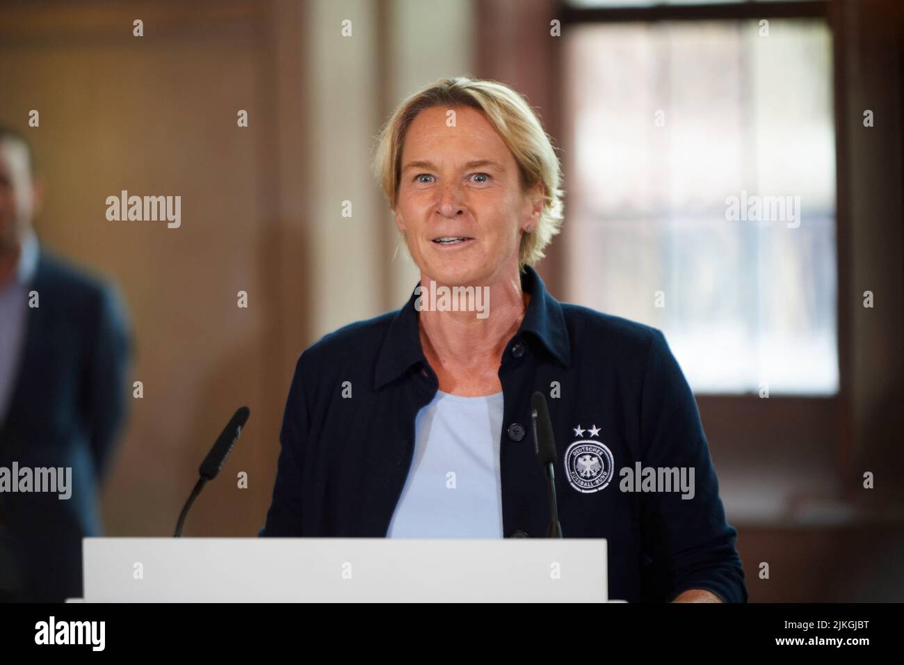 GERMANY, FRANKFURT - AUGUST 1, 2022: Germany's head coach Martina Voss-Tecklenburg. the German national women's football team after they placed second Stock Photo