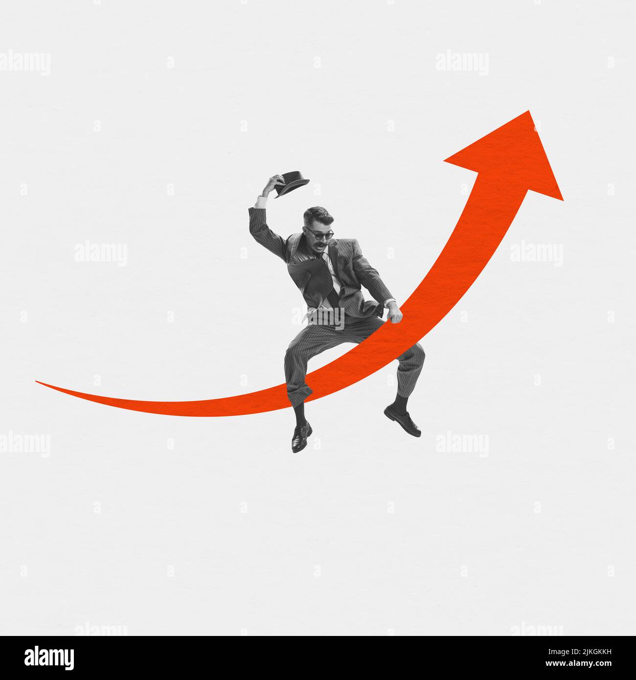 Excited businessman flying on drawn ornage arrow isolated over white background. Concept of business, art, psychology of success Stock Photo