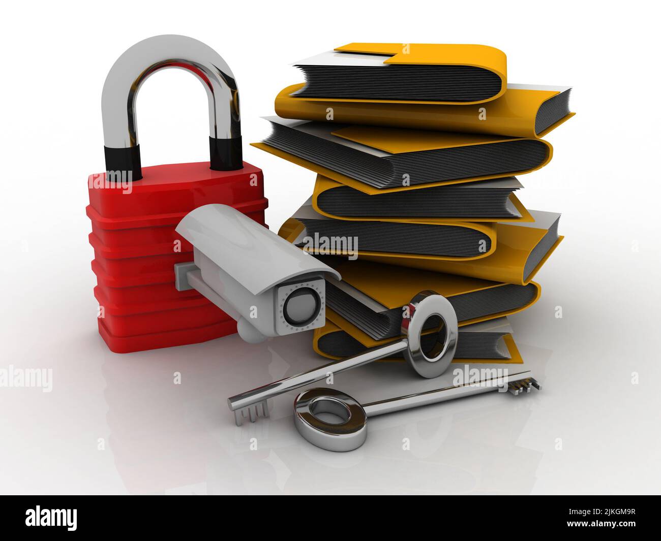 3D rendering Yellow folder and lock. Data security concept under CCTV camera Stock Photo