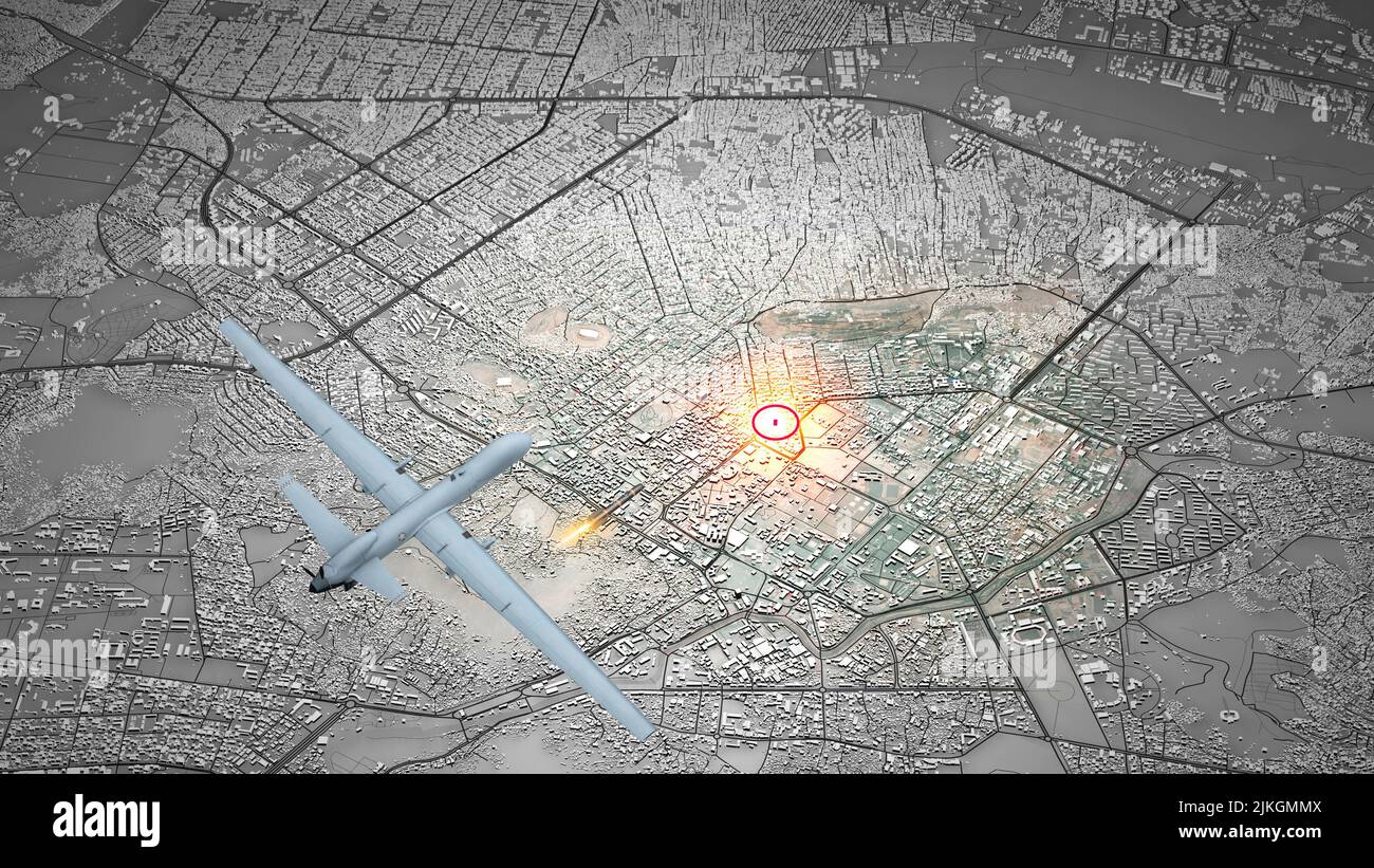 Satellite view of Kabul. U.S. Drone Strike Kills Ayman al-Zawahri, Top Qaeda Leader. Afghanistan. Drone with missile, military target. 3d rendering Stock Photo