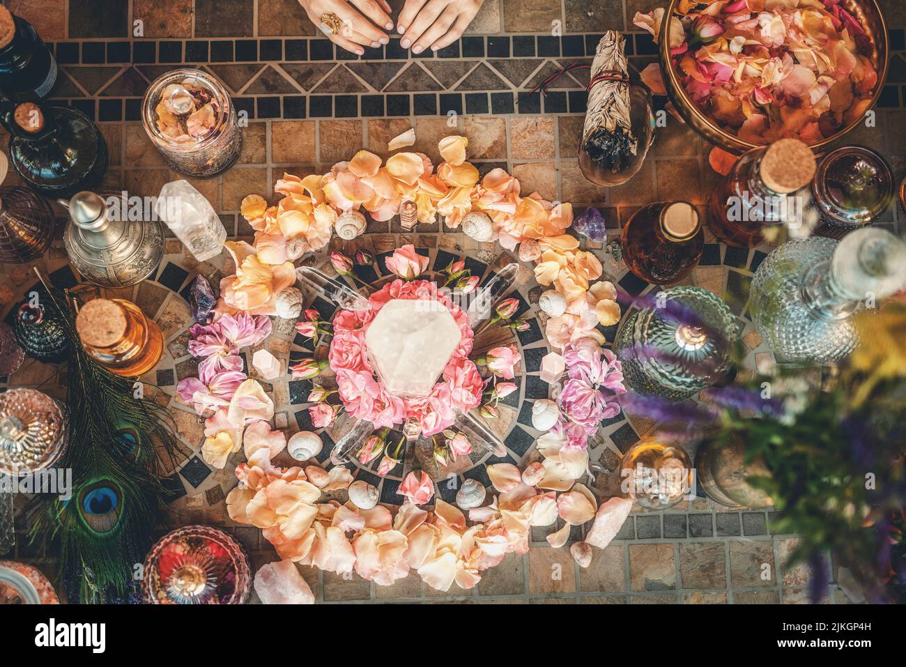 Beautiful Altar With Crystals And Rose Flowers Stock Photo Alamy