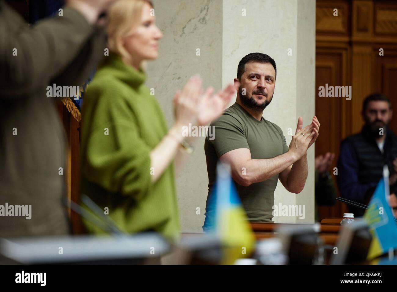 KYIV, UKRAINE - 03 May 2022 - The President of Ukraine Volodymyr Zelenskyy in the Verkhovna Rada ( Supreme Council of Ukraine ), Kyiv, Ukraine. In the Stock Photo