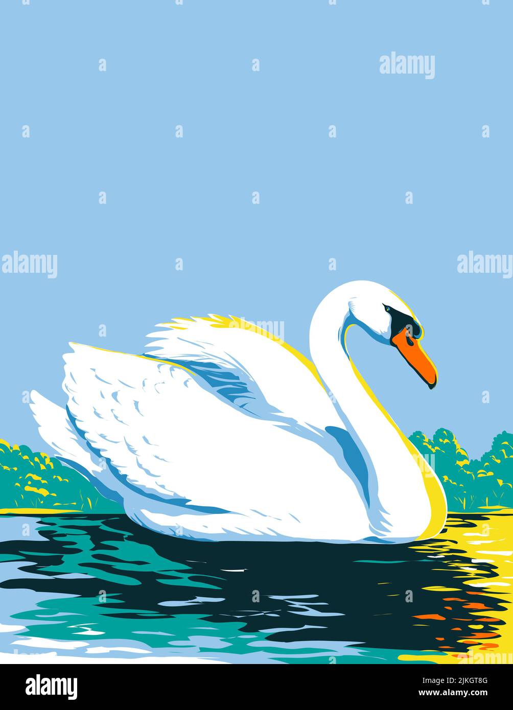WPA poster art of a mute swan or Cygnus olor swimming in lake viewed ...