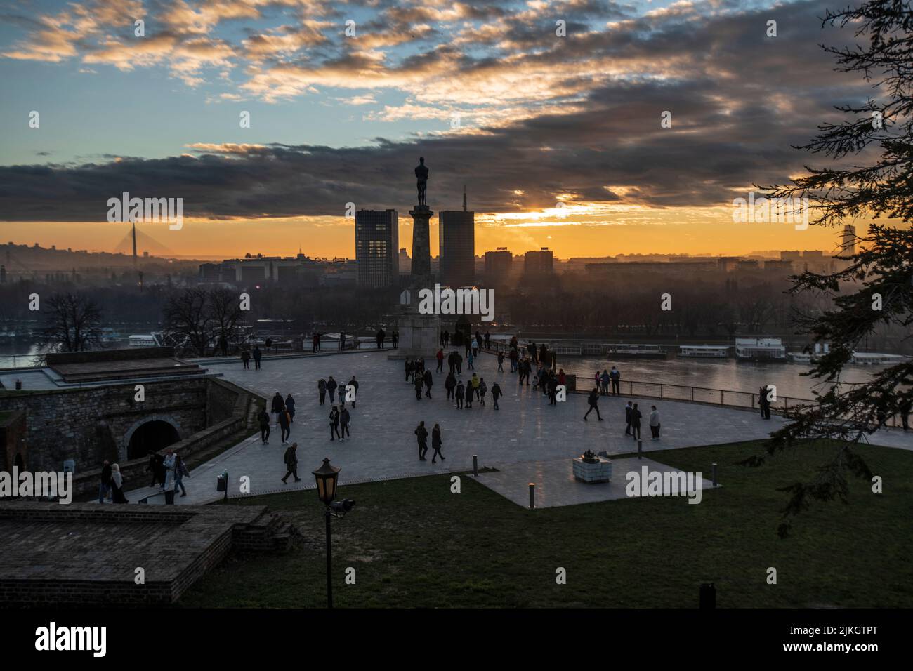 Belgrade Fortress, Kalemegdan, Serbia. Sunset view with The Victor statue Stock Photo