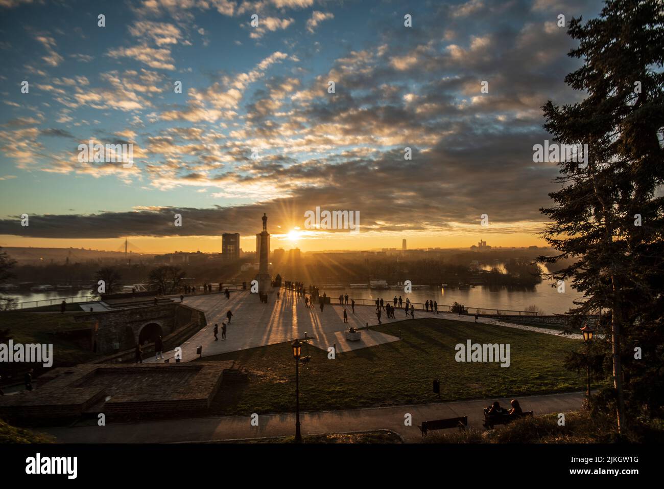 Belgrade Fortress, Kalemegdan, Serbia. Sunset view with The Victor statue Stock Photo