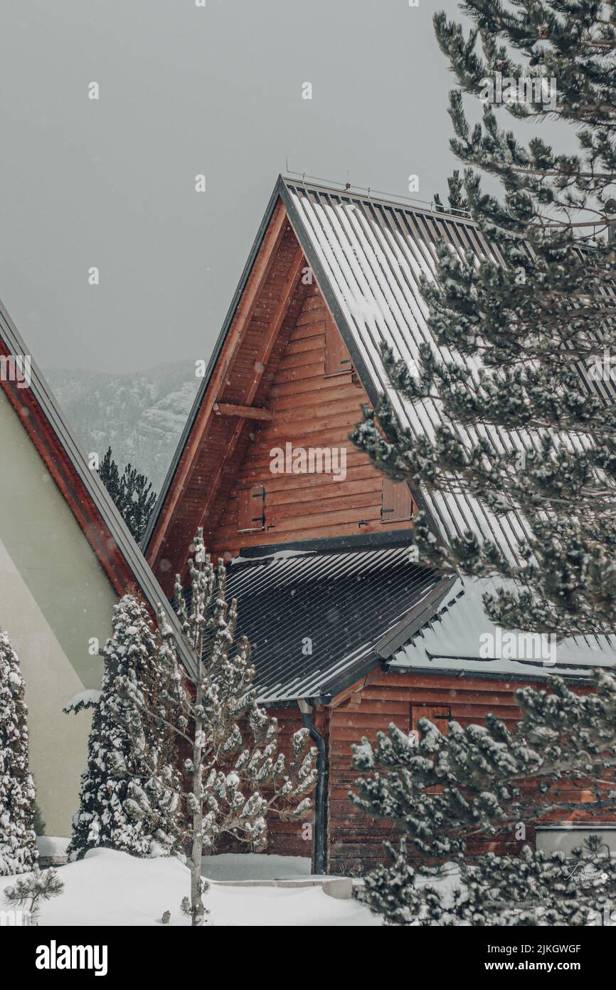 A vertical shot of a small wooden house and trees covered with snow ...