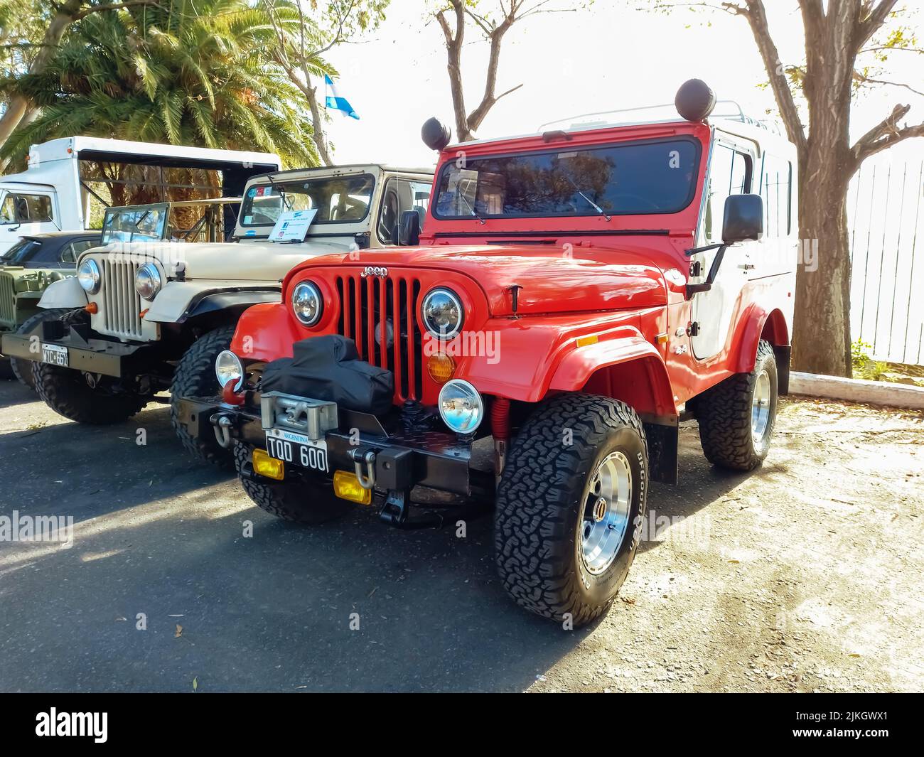 Quilmes, Argentina - May 29, 2022: Kaiser Industries IKA red off-road Jeep Willys CJ5 4x4 1956 - 1978. Sunny day. Classic car show. Stock Photo