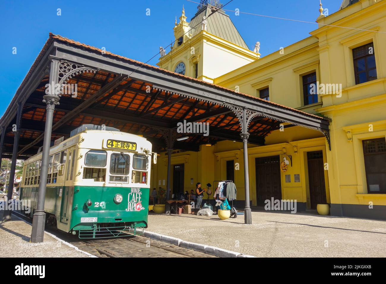 ancient trolleybus on streets of the historic center of Santos, Brazil