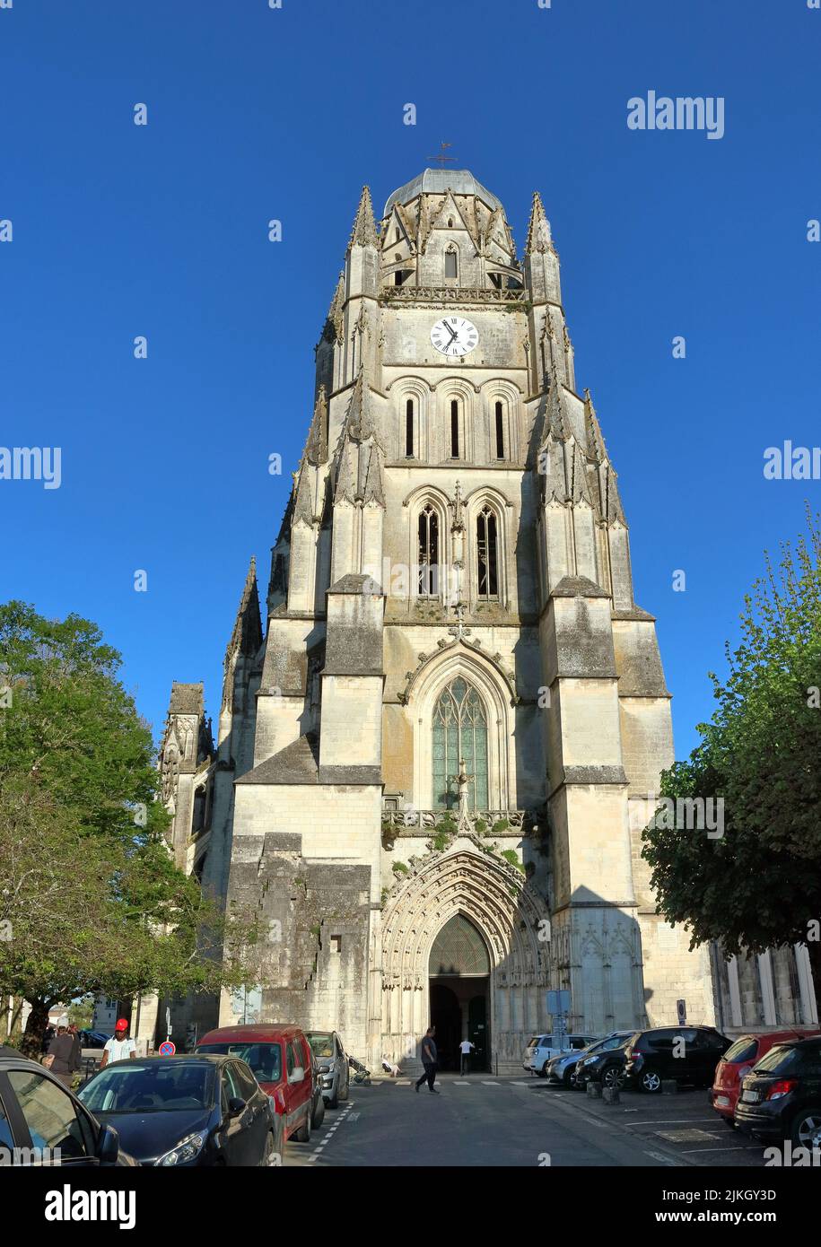 Tower of the romanesque, partly gothic Saint Pierre cathedral, constructed between 12th and 15th centuries, in Saintes, Charente-Maritime, France Stock Photo
