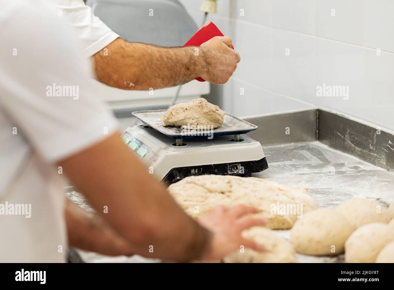 A closeup shot of  baker men weight round pieces of dough for bread Stock Photo
