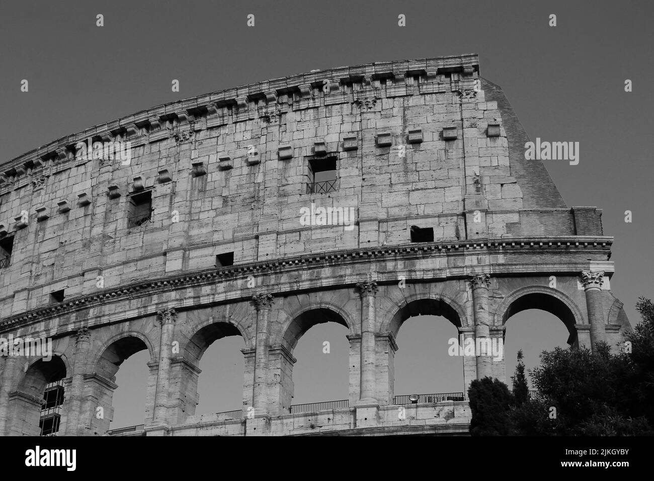 close-up of part of the facade of the coliseum in black and white Stock ...