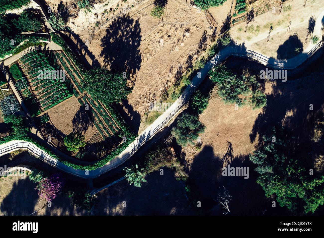 Top down aerial view of hiking path at Ribeira das Vinhas in Cascais, Portugal - Stock Photo