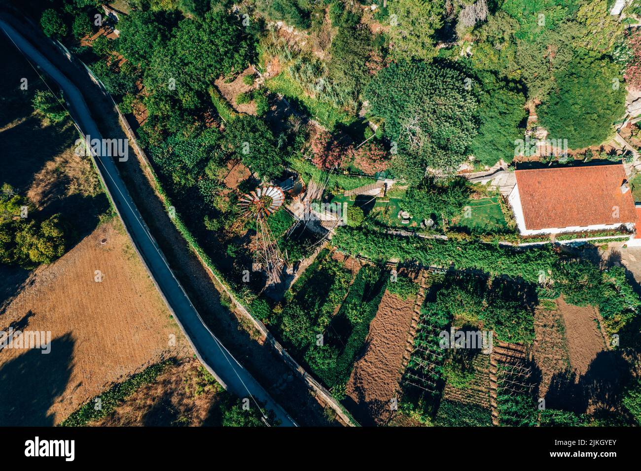 Top down aerial view of hiking path at Ribeira das Vinhas in Cascais, Portugal - Stock Photo