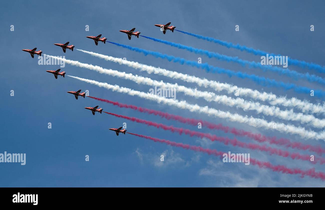The Colorful Arrows RAF displays aircraft during the Queens Platinum Jubilee flypast in London, UK Stock Photo