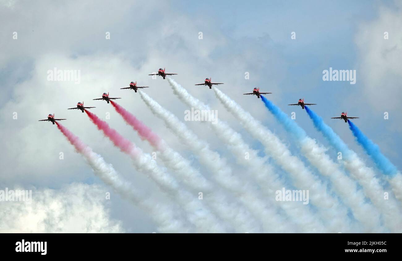 The Colorful Arrows RAF displays aircraft during the Queens Platinum Jubilee flypast in London, UK Stock Photo