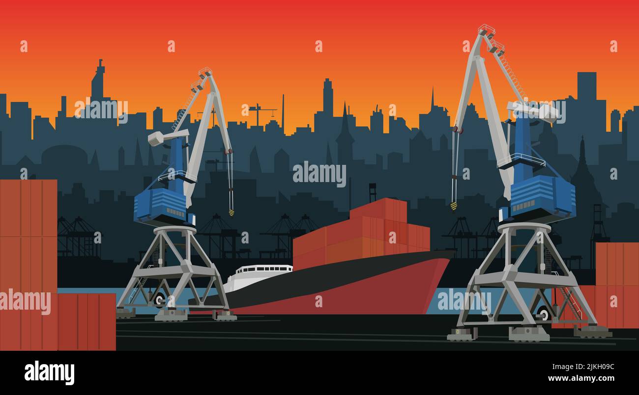Commercial port with container ship at the pier and cargo cranes, city skyline on background with sunset. Cityscape and cargo port with cranes. Layers Stock Vector