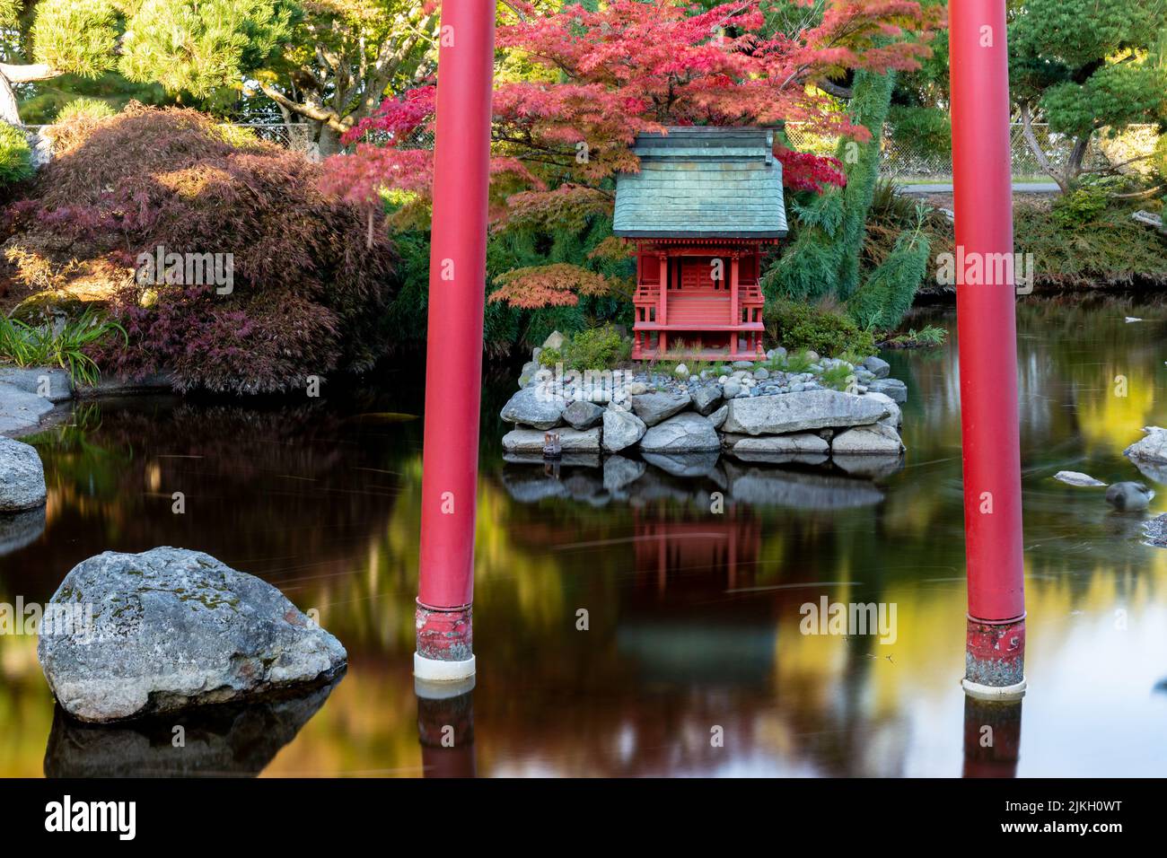 Still Water in Japanese Garden Pond with Red Pagoda and Torii Gate in Point Defiance Park, Tacoma, WA Stock Photo