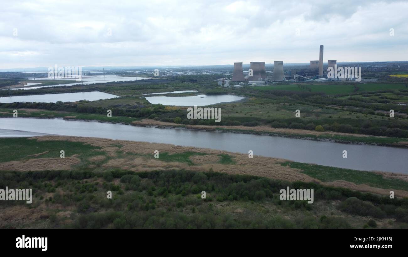 An aerial view of Fiddler's ferry coal power plant with River Mersey ...