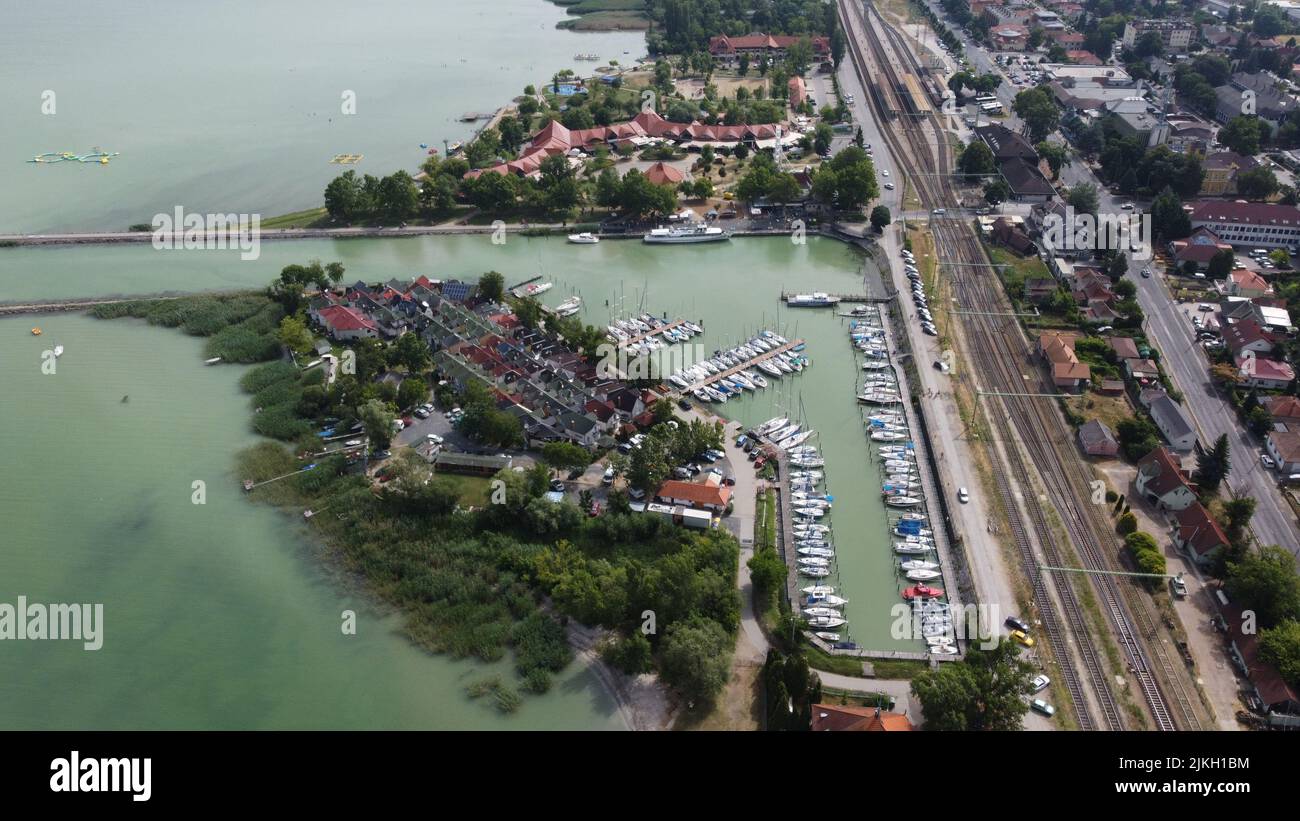 An aerial view of ships and boats docked on Lake Balaton in Hungary