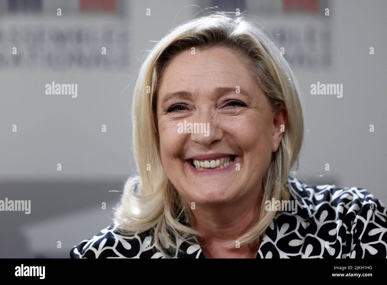 Marine Le Pen, member of parliament and president of the French far-right National Rally (Rassemblement National - RN) party parliamentary group gives a news conference at the National Assembly in Paris, France, August 2, 2022. REUTERS/Benoit Tessier Stock Photo
