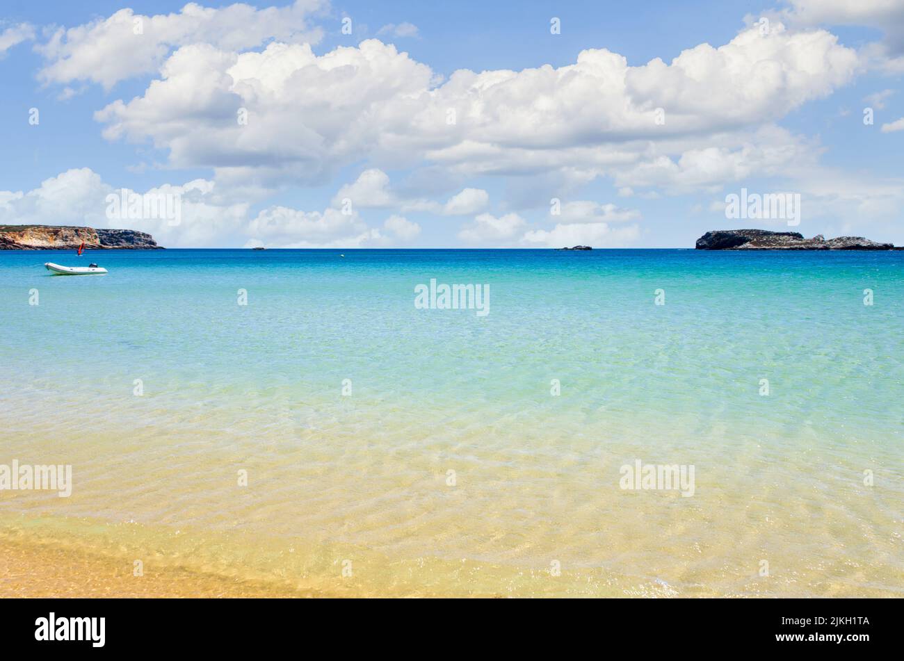The sandy Martinhal beach in Sagres, Algarve, with calm and crystal clear waters Stock Photo