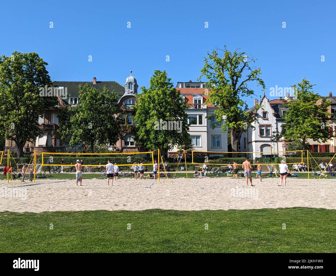 The people playing in a beach volleyball court against villas and a tree avenue in Neckarwiese park, Heidelberg, Germany Stock Photo