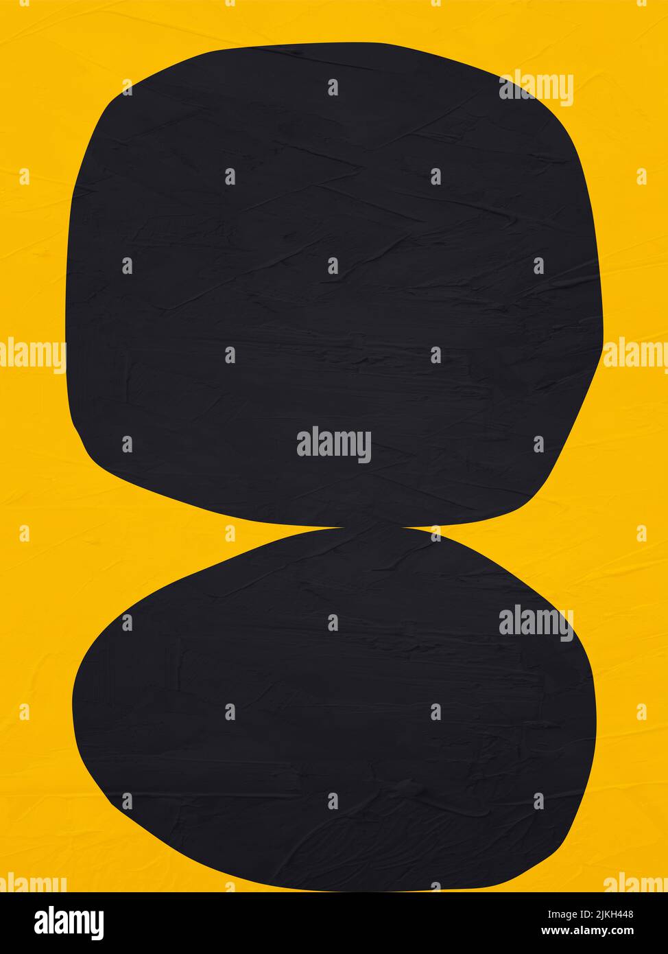 A geometric abstract art with black shapes on a yellow background ...