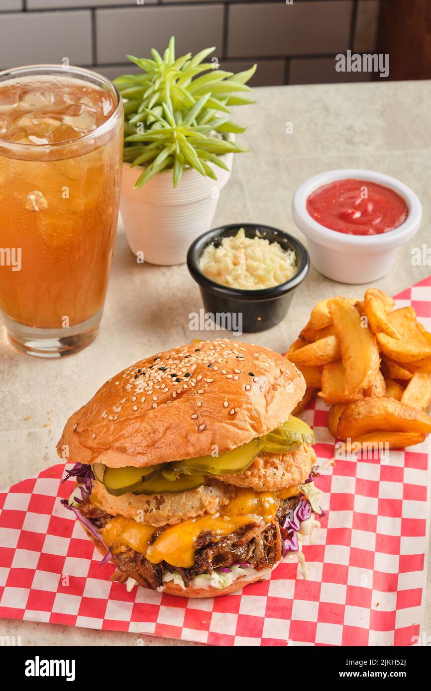 A homemade pulled pork burger with fries Stock Photo Alamy