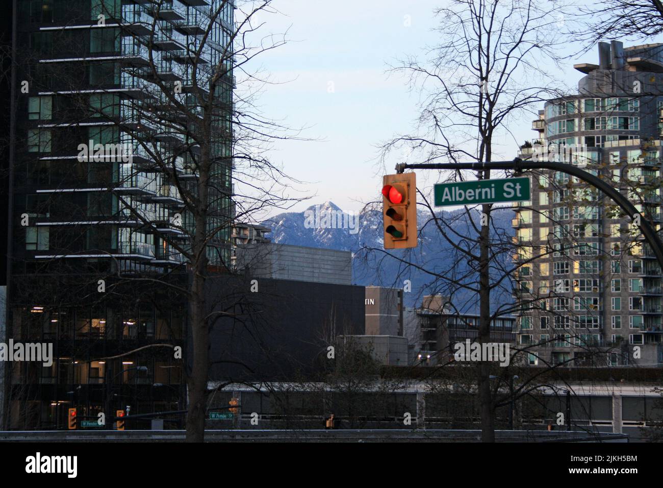 The traffic lights in downtown Vancouver. British Columbia, Canada