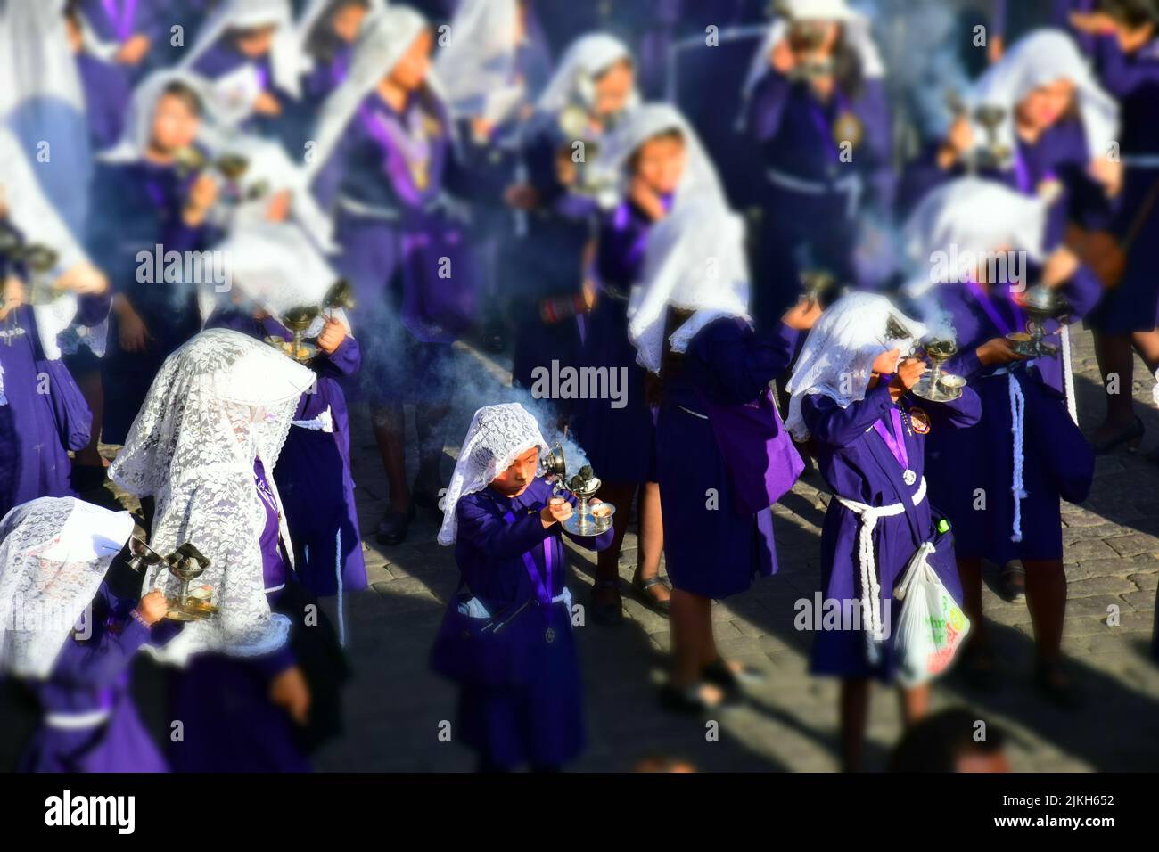 Arequipa, Peru. September 2018, Young girls in traditional clothing during Religious celebration near the main square of the city. Stock Photo