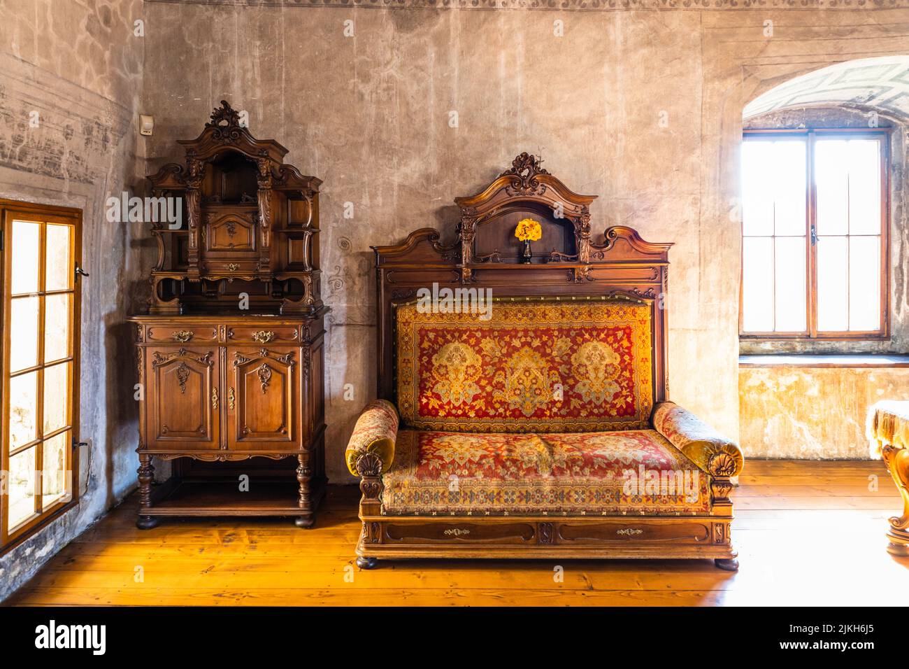 Vintage furniture in the Medieval Orava Castle. Oravsky Podzamok, Slovakia, 21 July 2022 Stock Photo