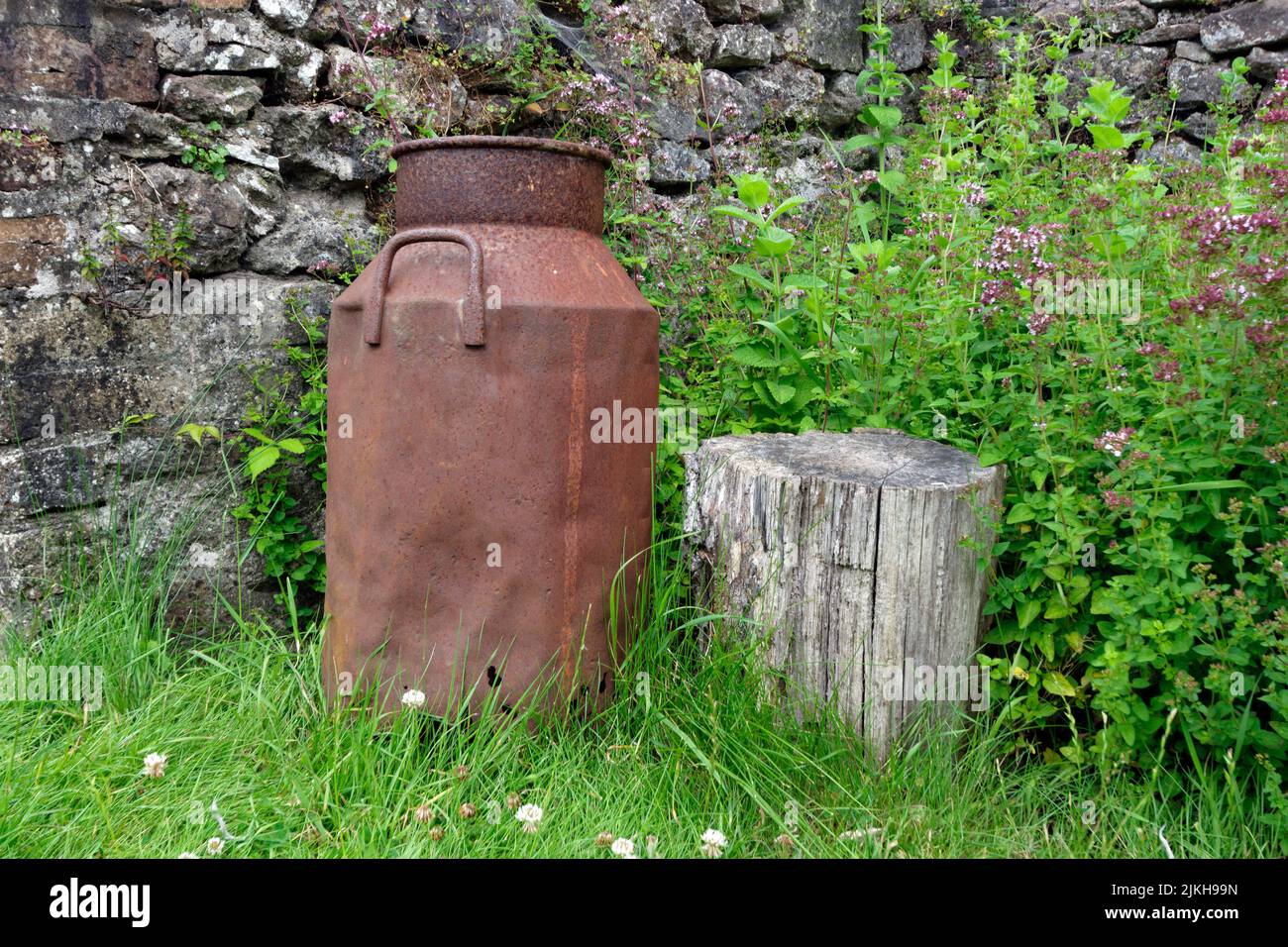 Old rusty Milk Churn, St Fagans National History Museum/Amgueddfa Werin Cymru, Cardiff, South Wales, UK. Stock Photo