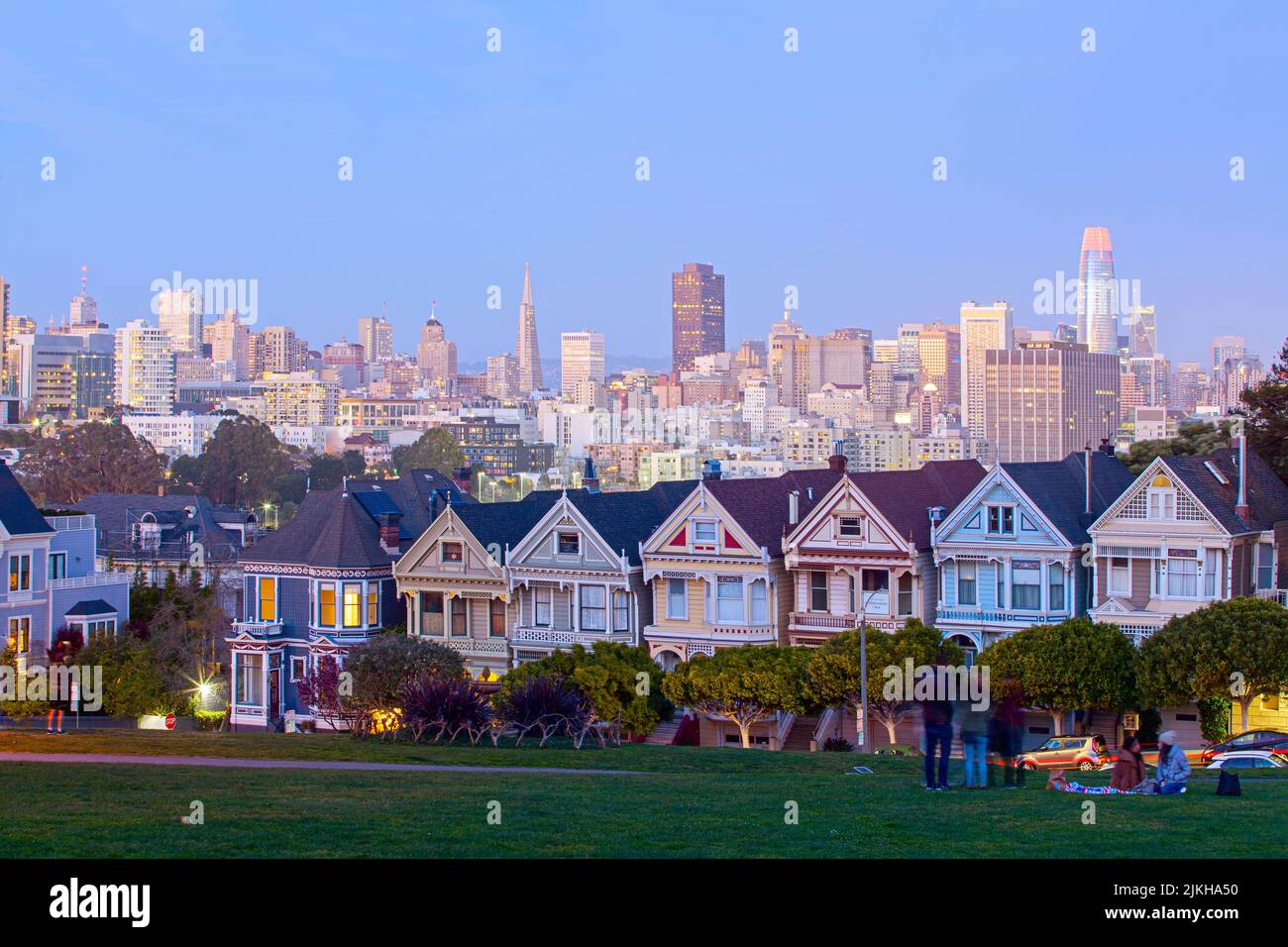 A scenic view of The Painted Ladies during sunset in San Francisco, California Stock Photo