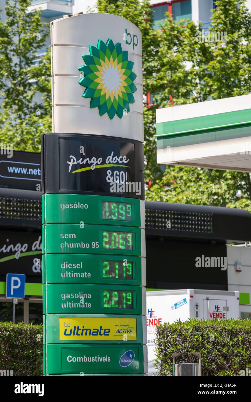 A vertical shot of the Fuel prices in Portugal at the BP petrol station Stock Photo