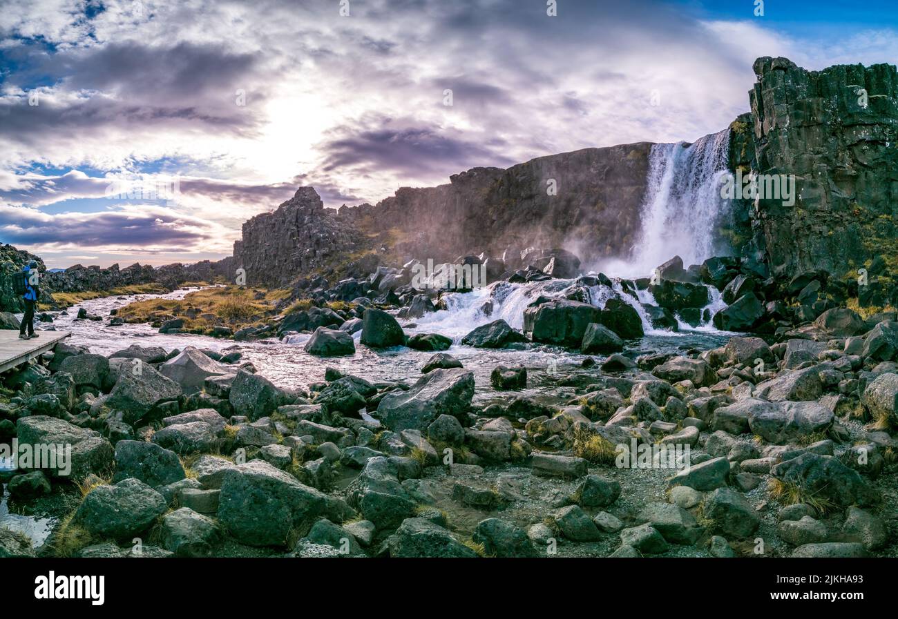 Thingvellir national park waterfall panorama in Iceland Stock Photo
