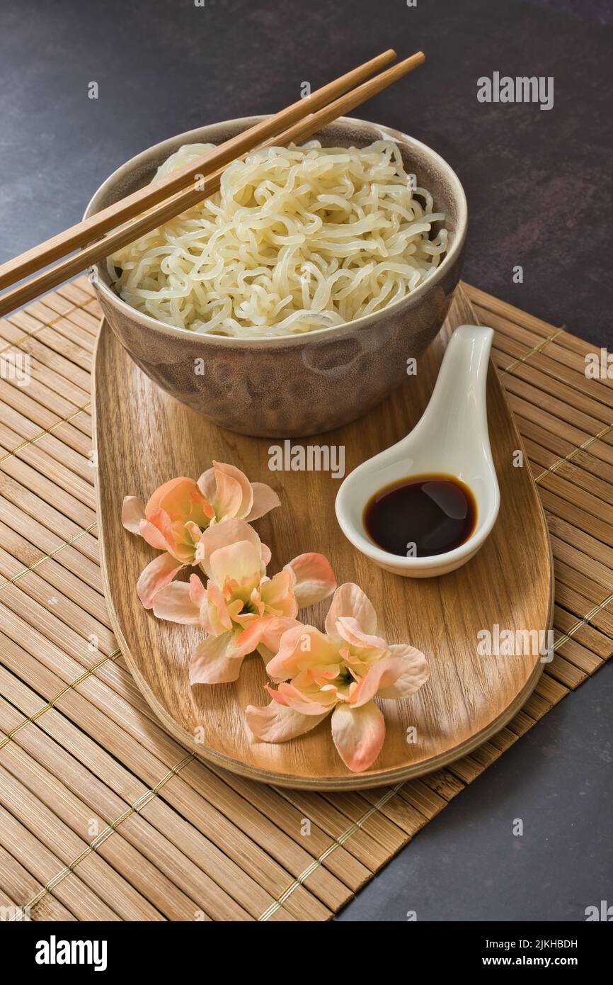 Close up Shirataki konjac noodle. Japanese traditional oriental style