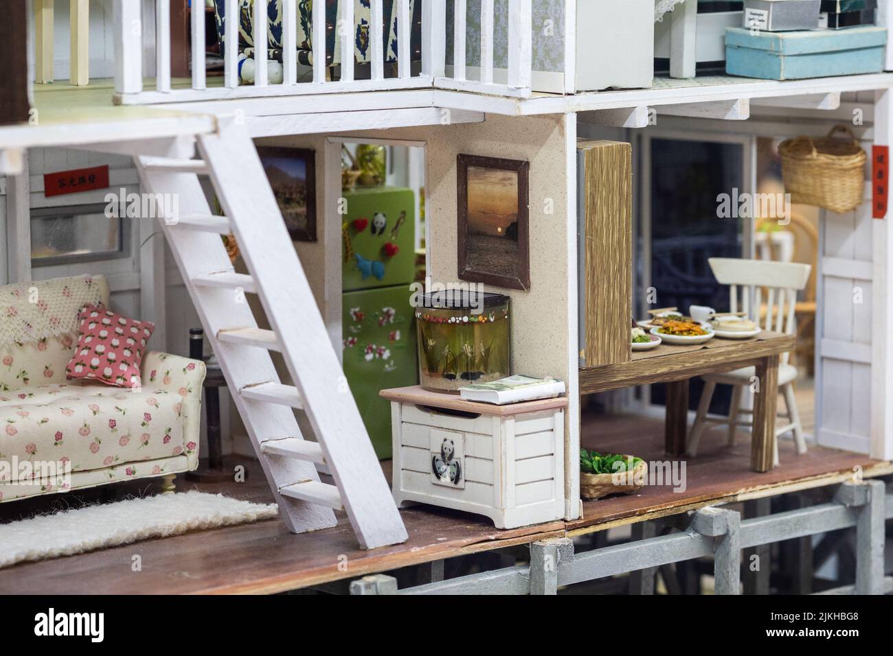 A miniature exhibition design of a cute toy house with decorations Stock Photo