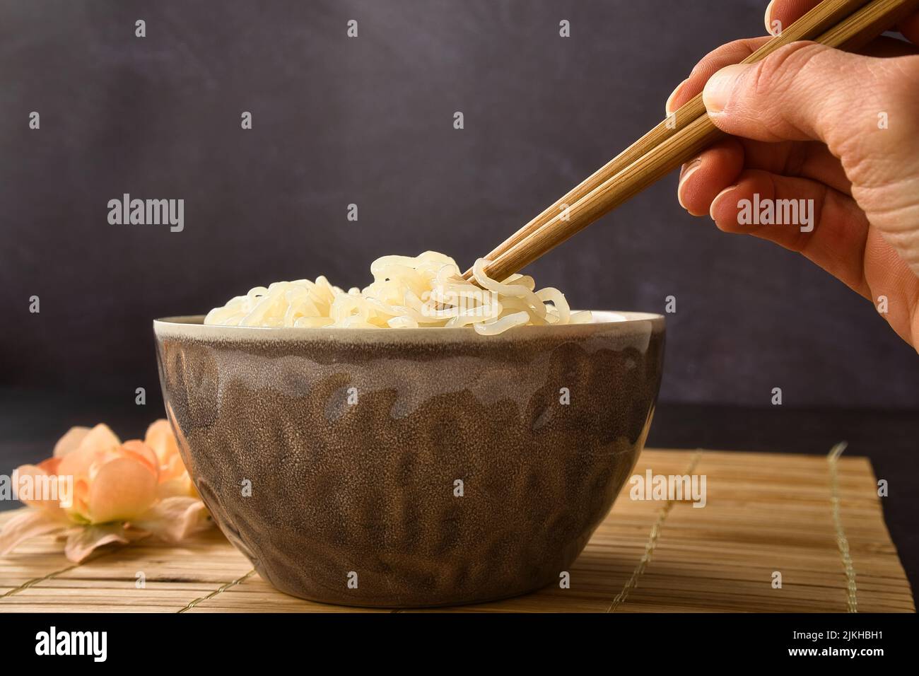 Close up Shirataki konjac noodle. Japanese traditional oriental style