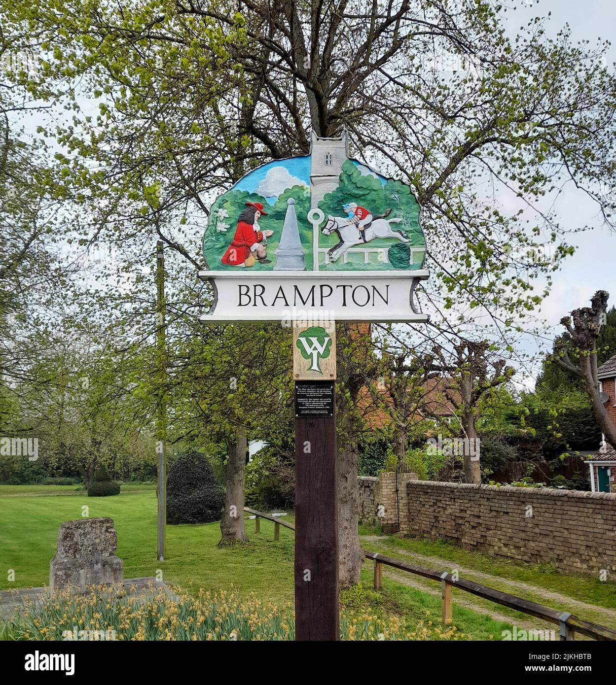 The Brampton village sign in a park in the UK Stock Photo Alamy