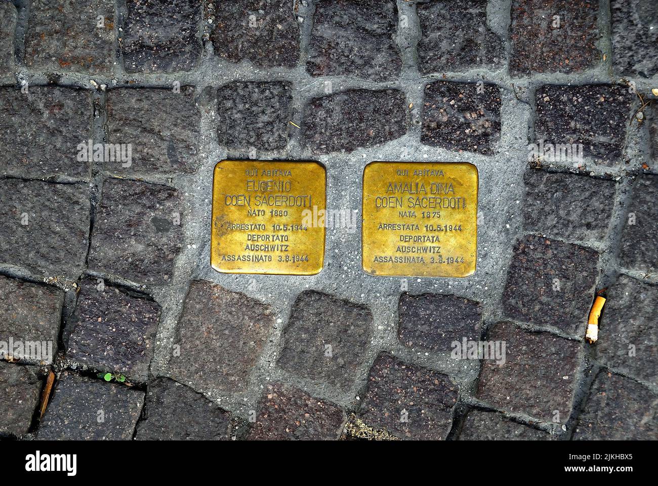 Padua, Veneto, Italy. Stumbling stones of Coen Sacerdoti family in Padua ghetto. Stock Photo