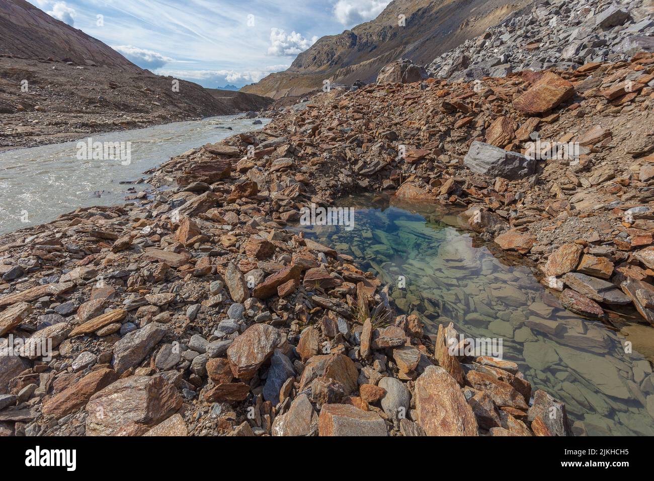 Crystal clear pond, in the middle of moraines near a turbid glacial