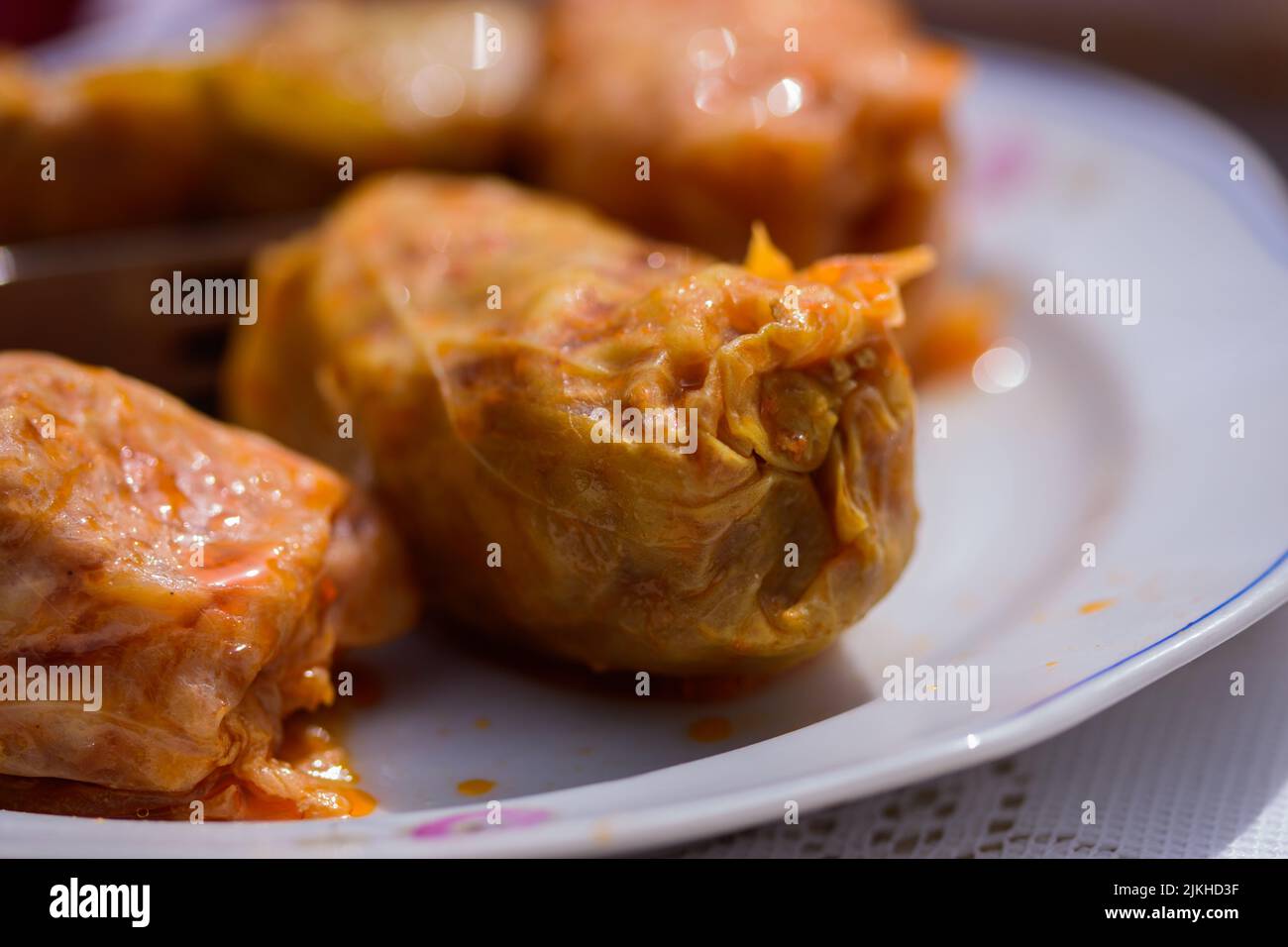 A close-up shot of cabbage rolls with beef, traditional Romanian food Stock Photo