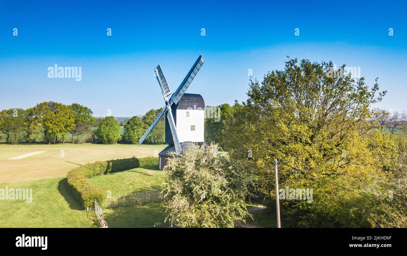 An aerial drone shot of the Mountnessing Windmill in Essex, England