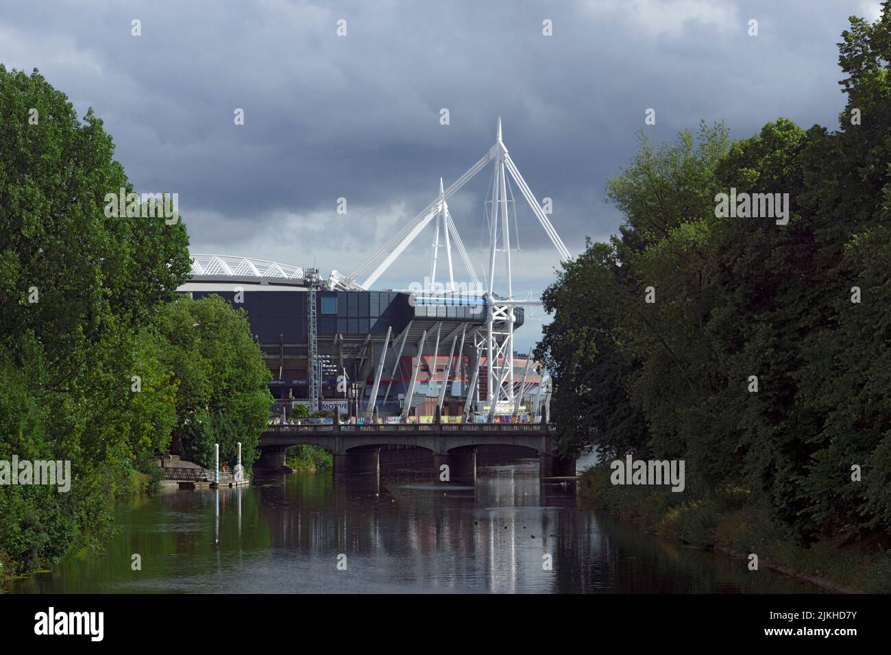 Millennium Stadium from bridge Bute Park, Cardiff, Wales. Stock Photo